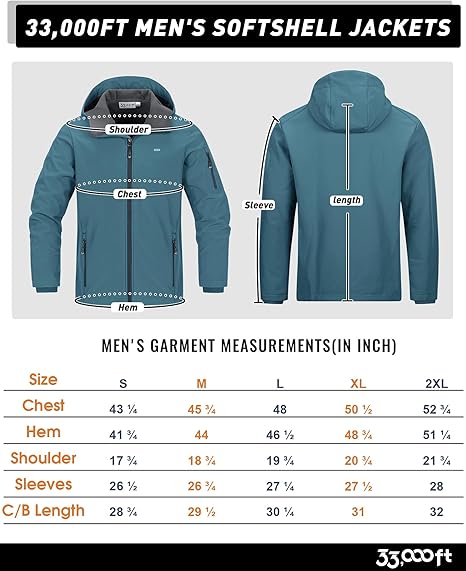 33,000ft Herren wasserdichte warme Softshelljacke, leichtes Fleece-Futter, Kapuzen-Regenjacke, Windjacke zum Wandern und Outdoor-Aktivitäten