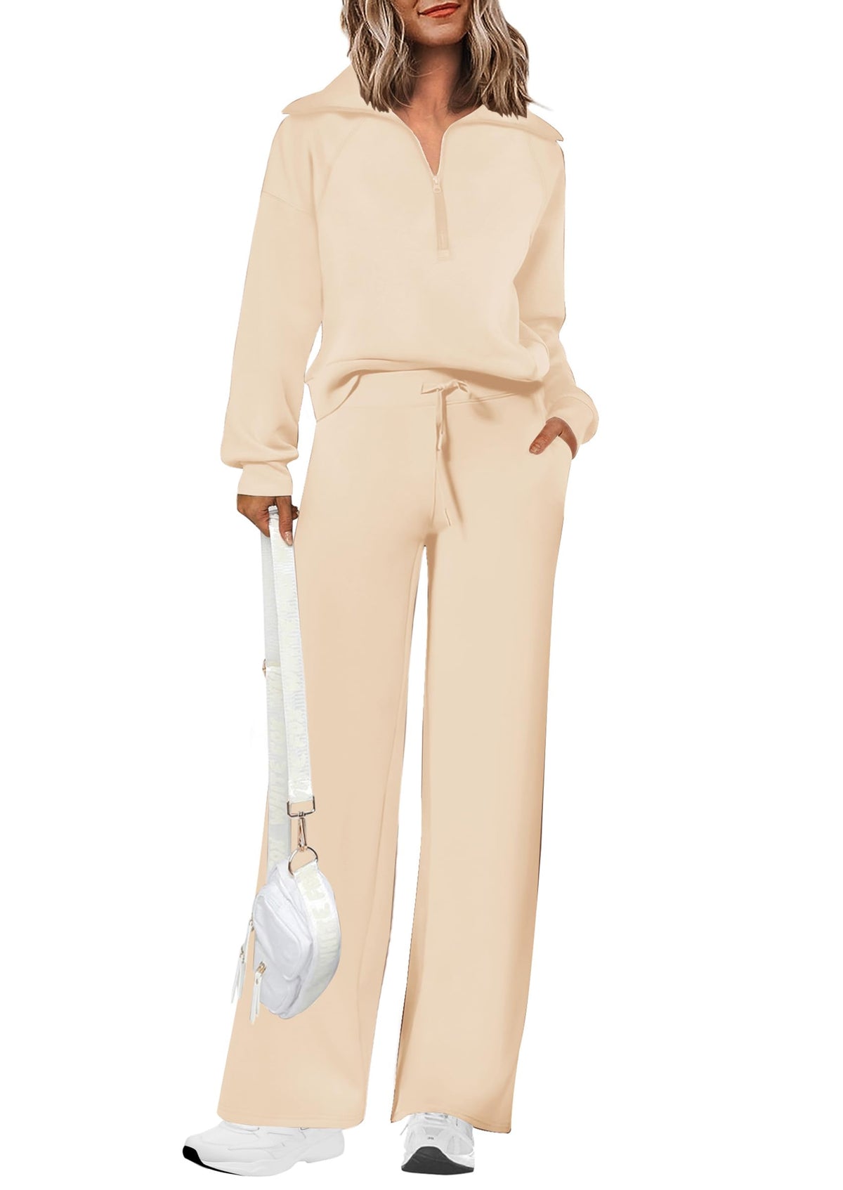 Women's Cotton Two-Piece Outfits Lapel Half-Zip Sweatshirt Wide Leg Sweatpants Casual Suit